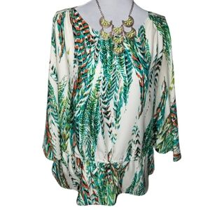 ECI New York Multicolor Leaf Print Tie Waist Cold Shoulder Blouse M
